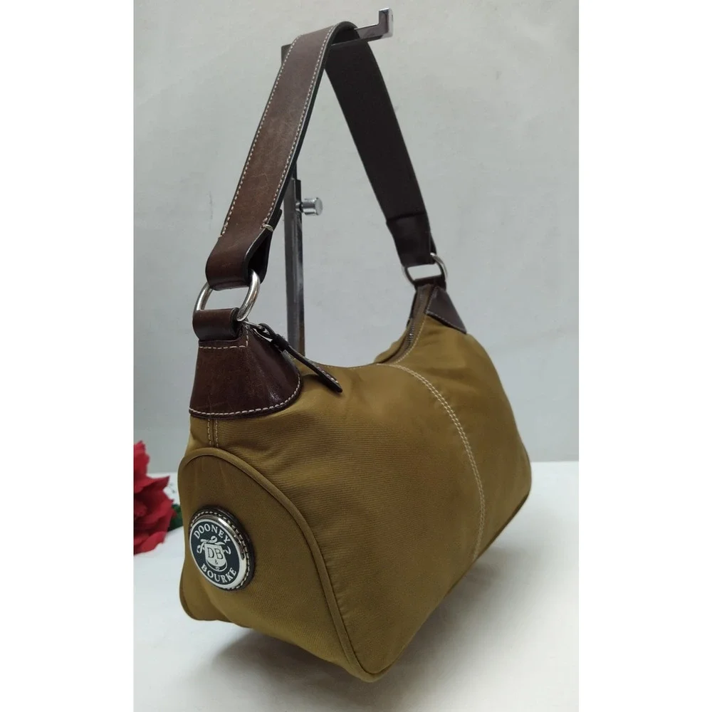 Dooney & Bourke Brown Nylon Leather Trim Zipper Closure Hobo Shoulder Bag